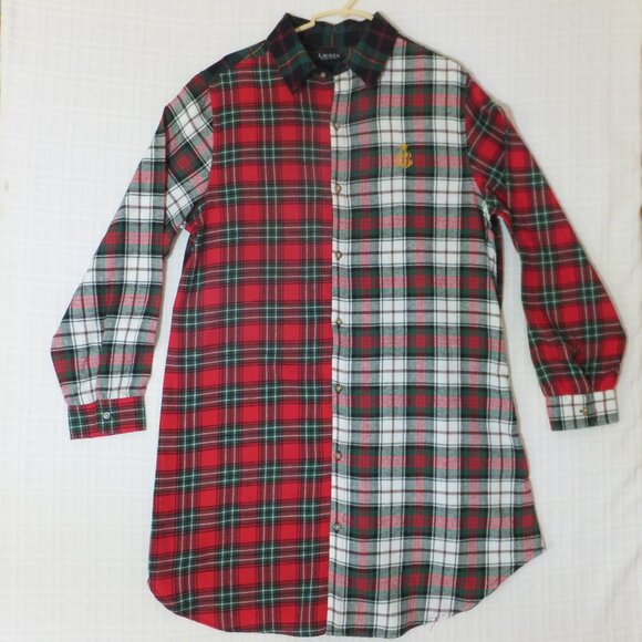 Lauren Ralph Lauren Sleep Shirt Womens Large Plaid 100% Cotton - Picture 1 of 6